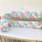 4 strand braided crib bumper blush mint white purple on natural wood crib rail, pastel nursery