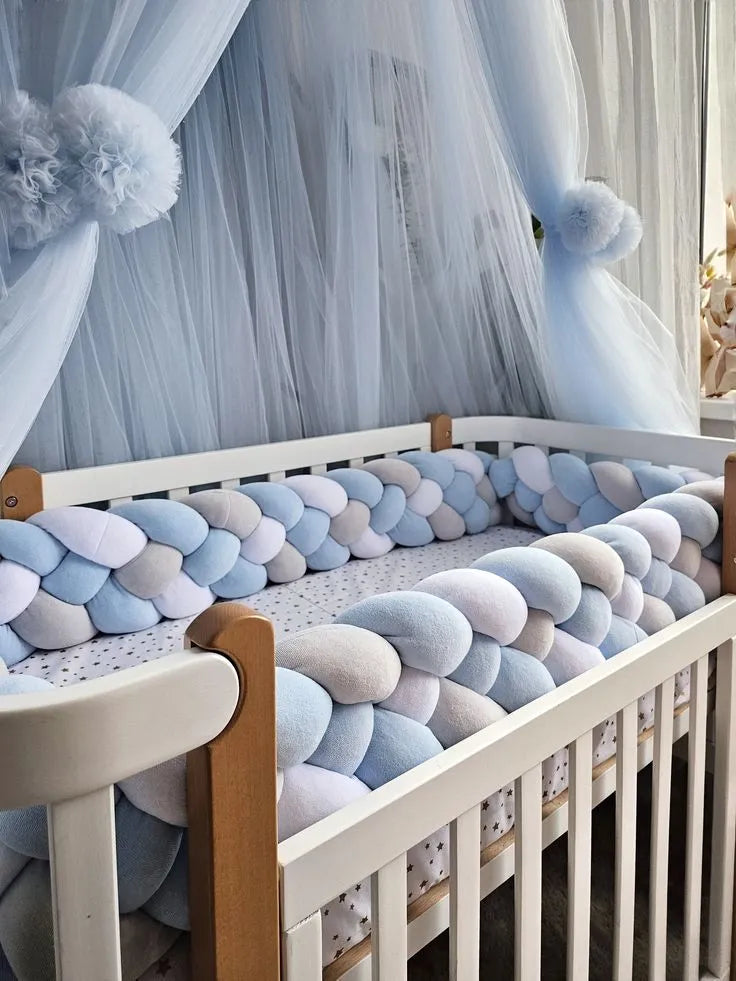 4 strand braided crib bumper light blue gray white in white standard crib with blue canopy, boy nursery