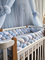 4 strand braided crib bumper light blue gray white in white standard crib with blue canopy, boy nursery