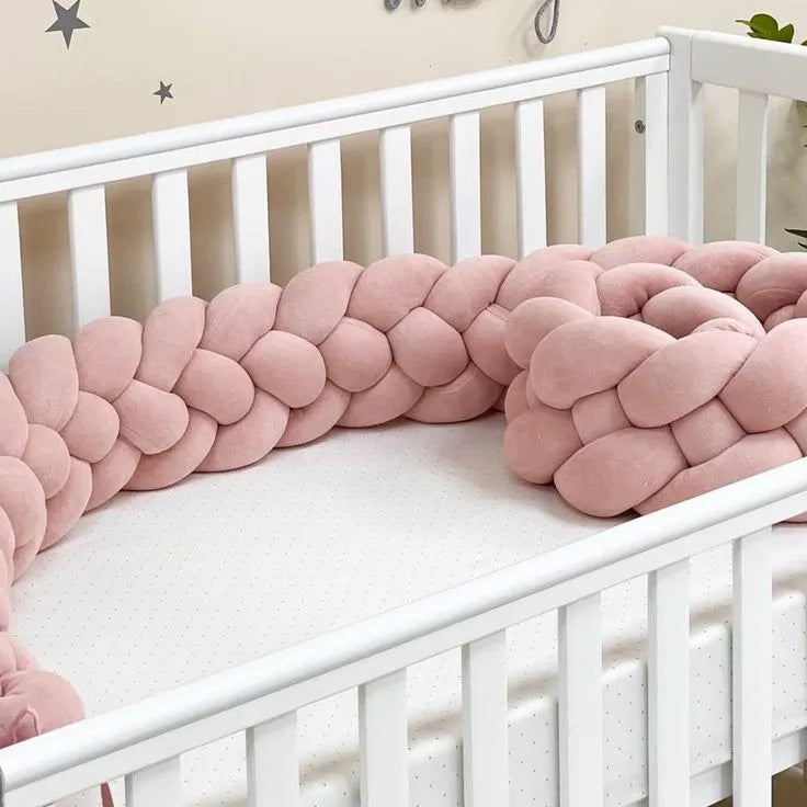 solid rose pink 4 strand braided crib bumper in white standard crib, girl nursery, OEKO-TEX cotton