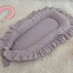 Purple ruffled baby nest for newborn, OEKO-TEX certified organic cotton baby girl lounger