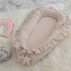 Beige ruffled baby nest with star detail, handmade organic cotton newborn lounger, CottonNest