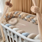 4 strand braided crib bumper ivory cream gray beige in white crib with canopy, boho nursery