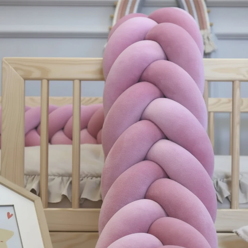 rose mermaid braid crib bumper close-up wooden crib cotton velour texture