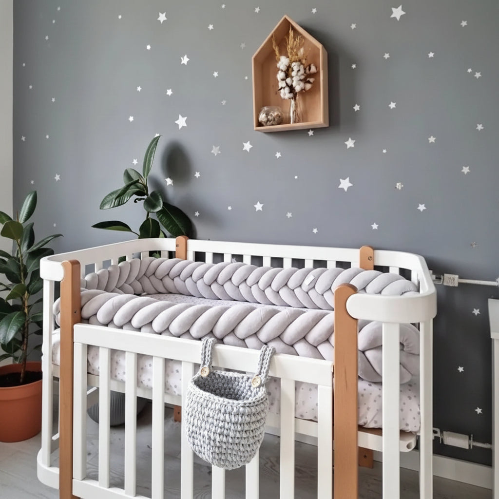 light gray mermaid braided crib bumper white crib star wall decal neutral nursery