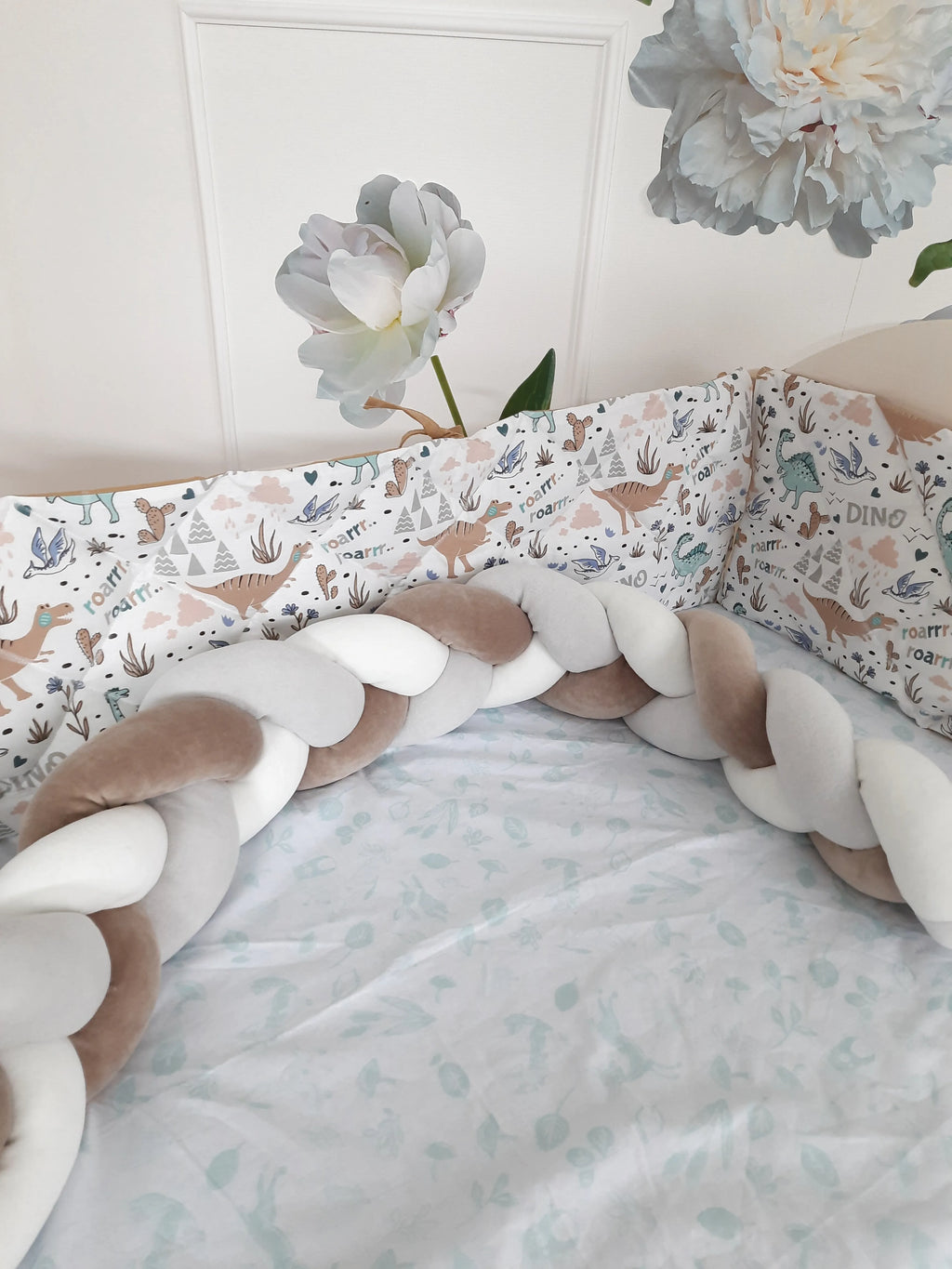 handmade braided crib bumper cream white gray with dino print crib sheet, neutral nursery