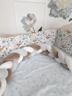 handmade braided crib bumper cream white gray with dino print crib sheet, neutral nursery