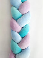 Blue aqua purple 3-strand braided crib bumper close-up, soft cotton hypoallergenic baby crib bumper