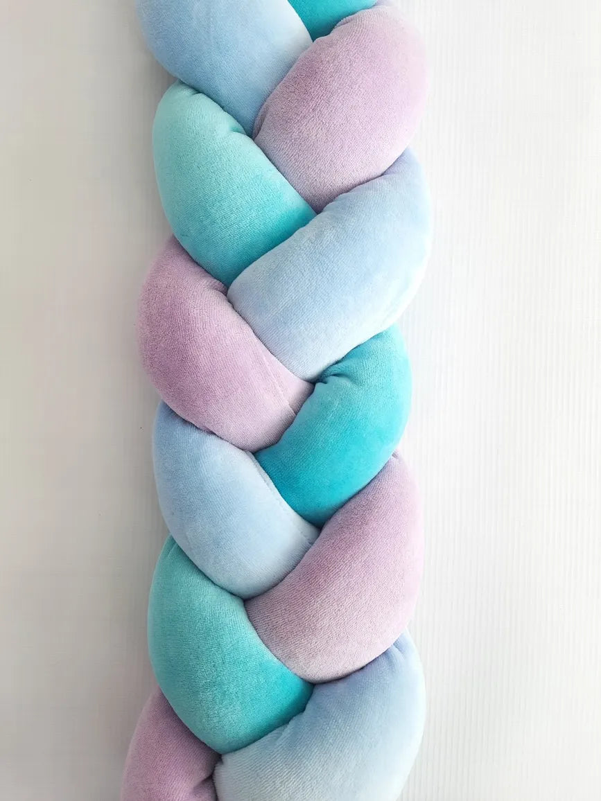 Blue aqua purple 3-strand braided crib bumper close-up, soft cotton hypoallergenic baby crib bumper