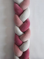 close up 3 strand braided crib bumper fresia rose white cotton velour texture