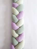 Dark olive light olive purple 3-strand braided crib bumper close-up, soft hypoallergenic cotton, gender neutral nursery