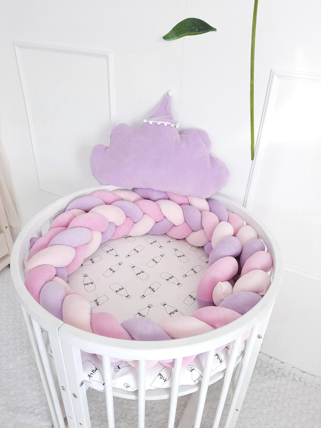 3 strand braided crib bumper pink purple mint in round white crib, girl nursery decor