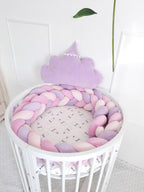 3 strand braided crib bumper pink purple mint in round white crib, girl nursery decor