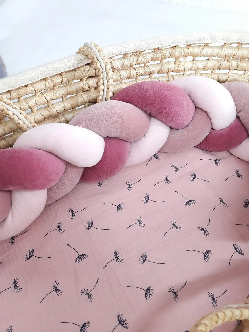 Pink fresia rose 3-strand braided crib bumper in wicker bassinet, handmade cotton baby crib bumper CottonNest