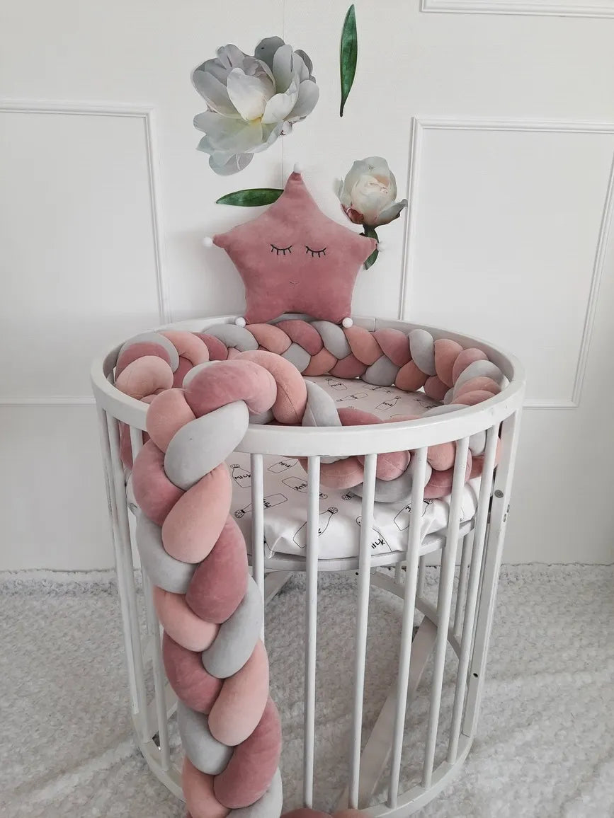 Pink gray 3-strand braided crib bumper in round white crib, handmade cotton baby crib rail protection
