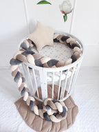 3 strand braided crib bumper gray coffee cream in round white crib, scandi nursery decor