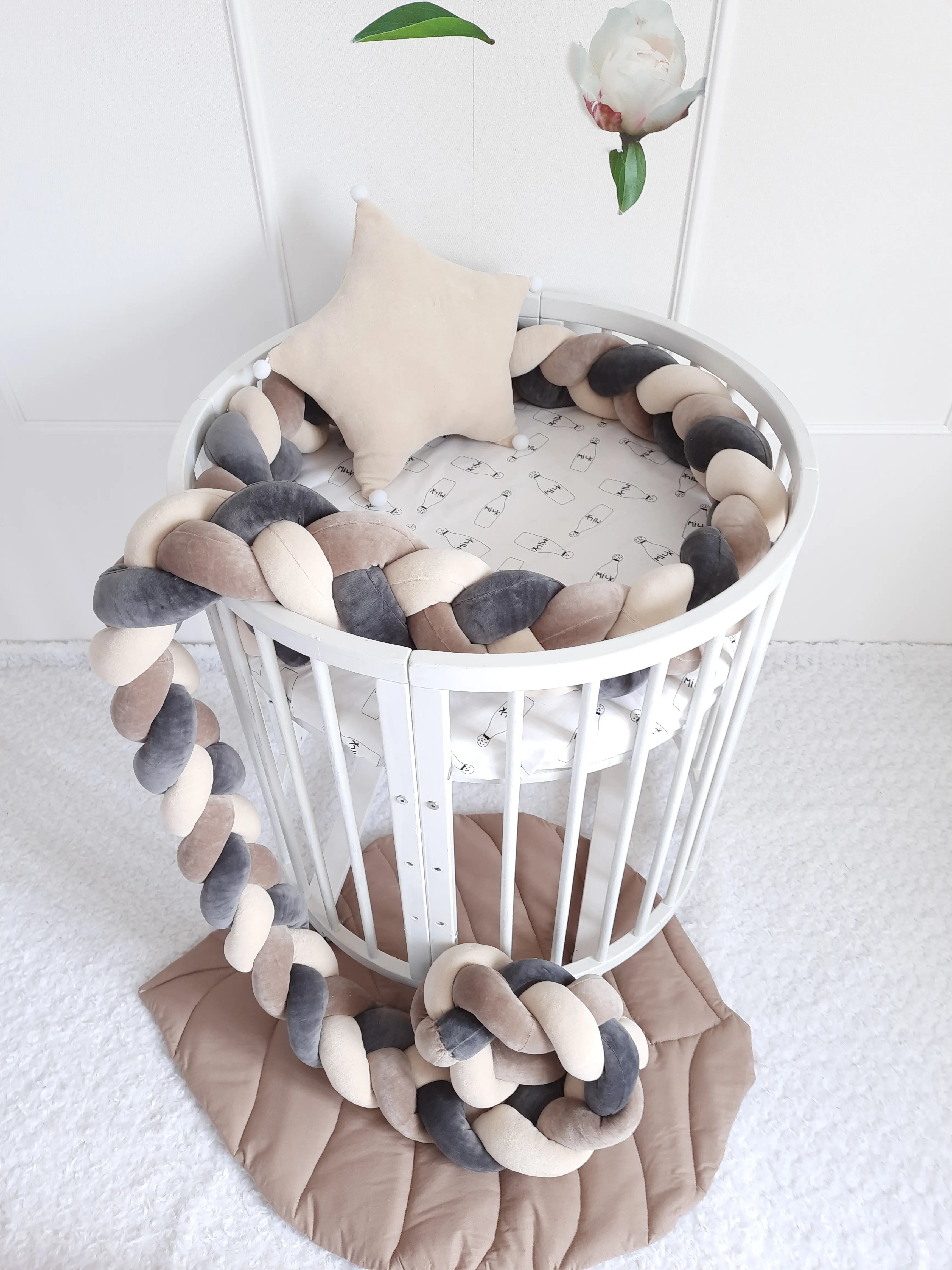 3 strand braided crib bumper gray coffee cream in round white crib, scandi nursery decor