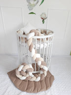 White cream beige 3-strand braided crib bumper in round nursery crib, soft hypoallergenic cotton bumper