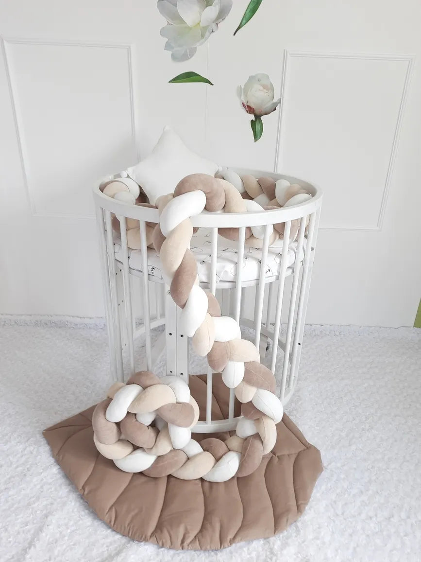 White cream beige 3-strand braided crib bumper in round nursery crib, soft hypoallergenic cotton bumper