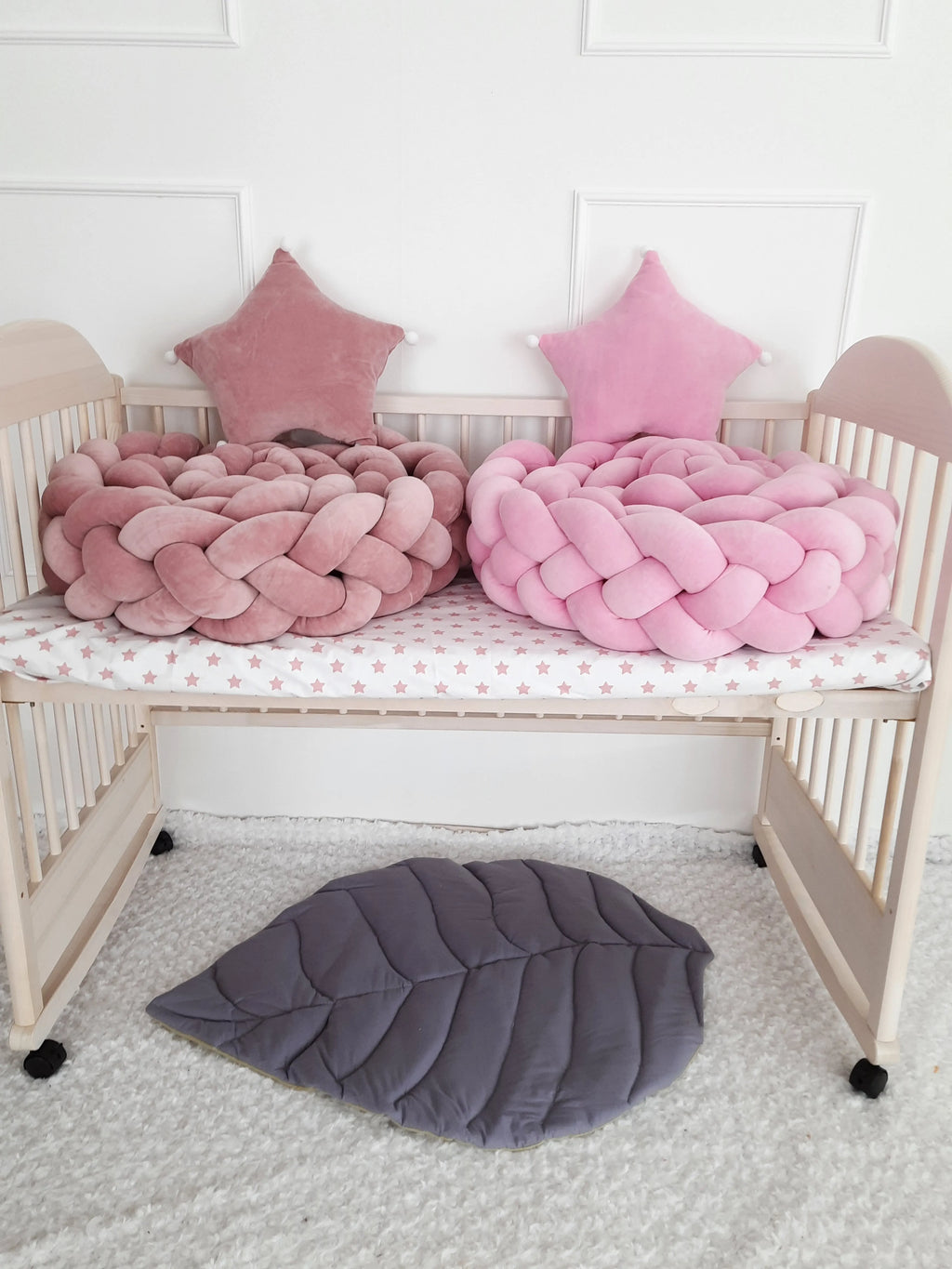 4 strand braided crib bumper rose and pink two sizes on natural wood crib, girl nursery decor