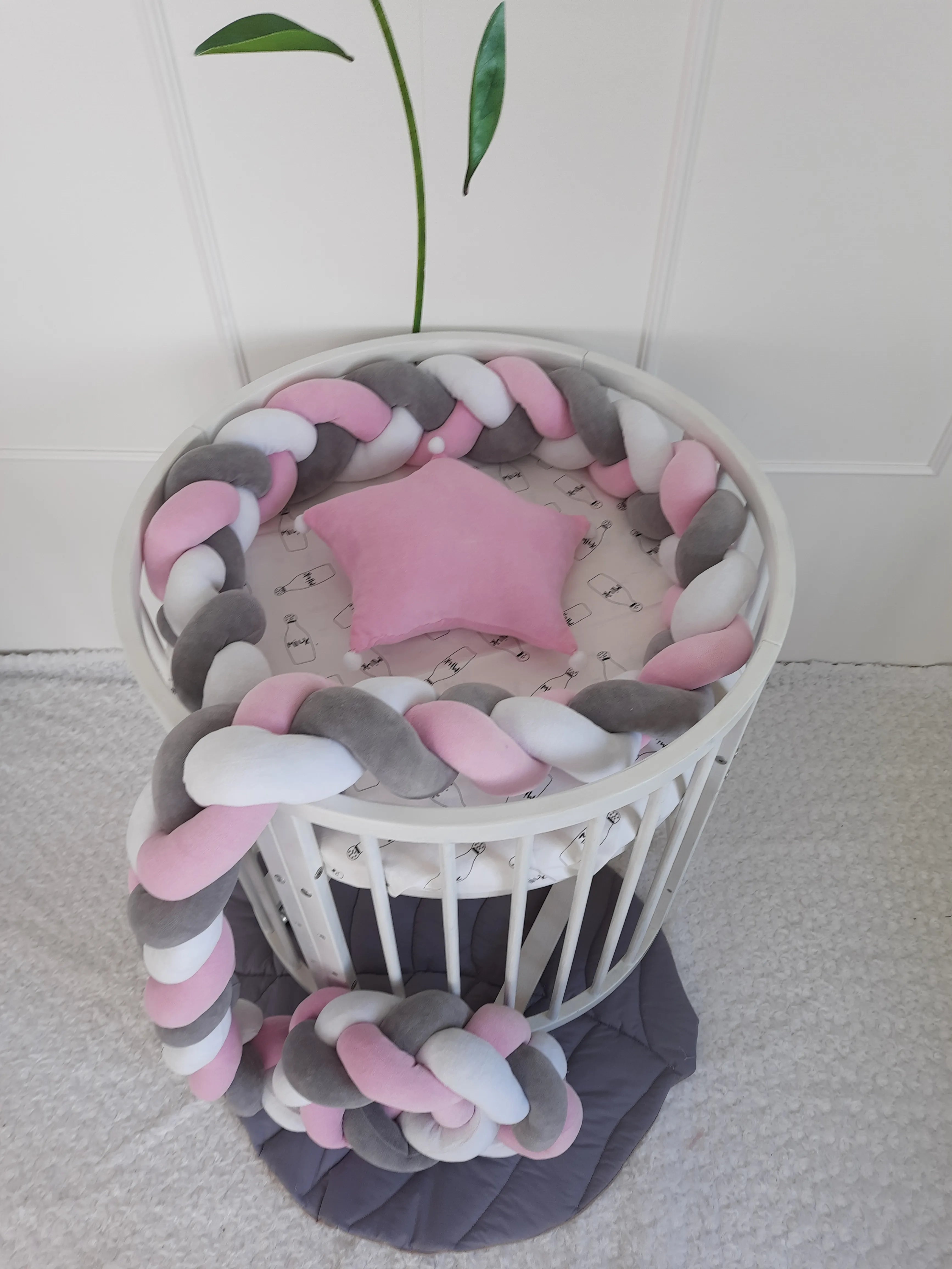 3 strand braided bumper pink white gray round crib top view, organic cotton baby bumper
