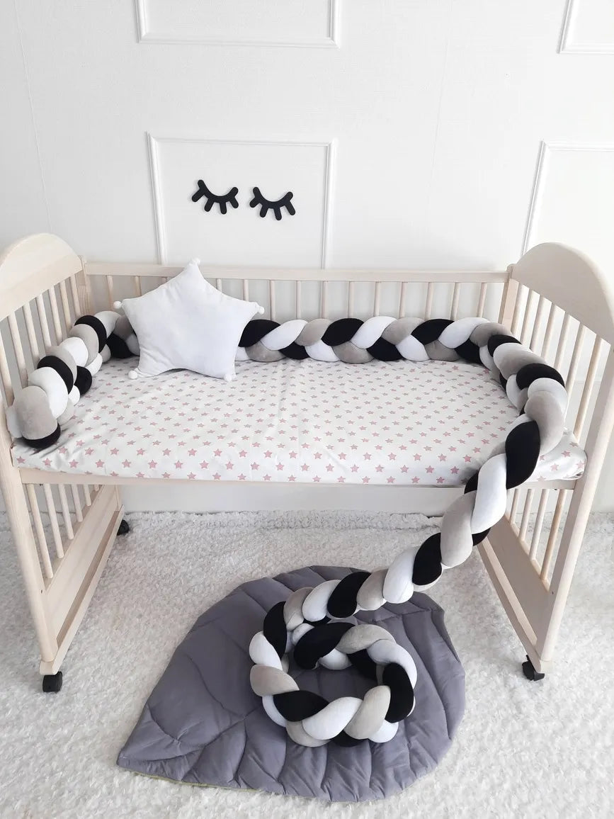 White black gray 3-strand braided crib bumper in wooden crib, monochrome nursery decor, handmade cotton bumper