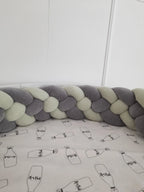 4 strand braided crib bumper dark gray ivory in white round crib, gender neutral nursery
