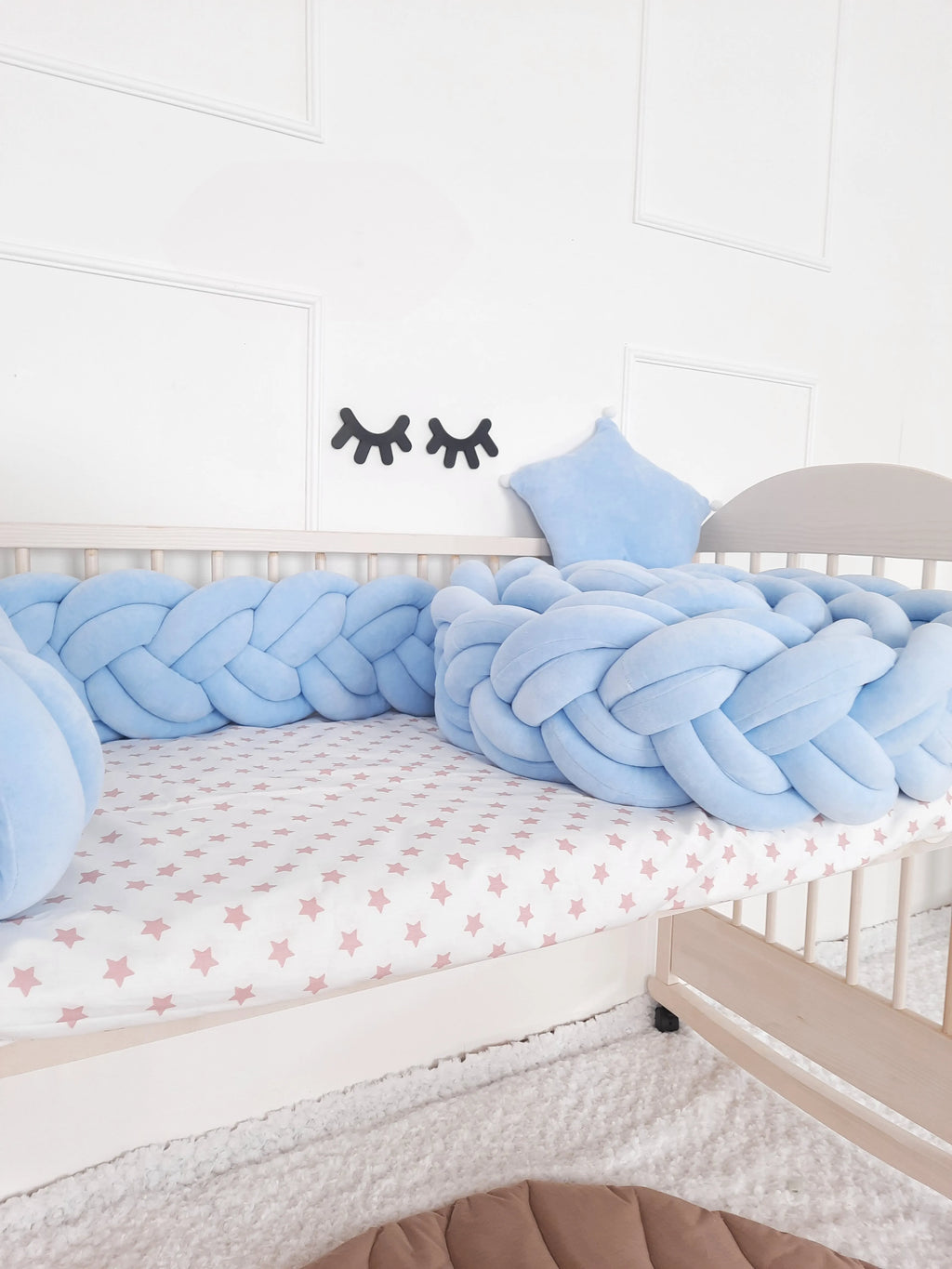 solid light blue double braided crib bumper in natural wood standard crib, boy nursery, OEKO-TEX cotton