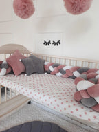 4 strand braided crib bumper rose gray white on natural wood crib, star pillow, girl nursery