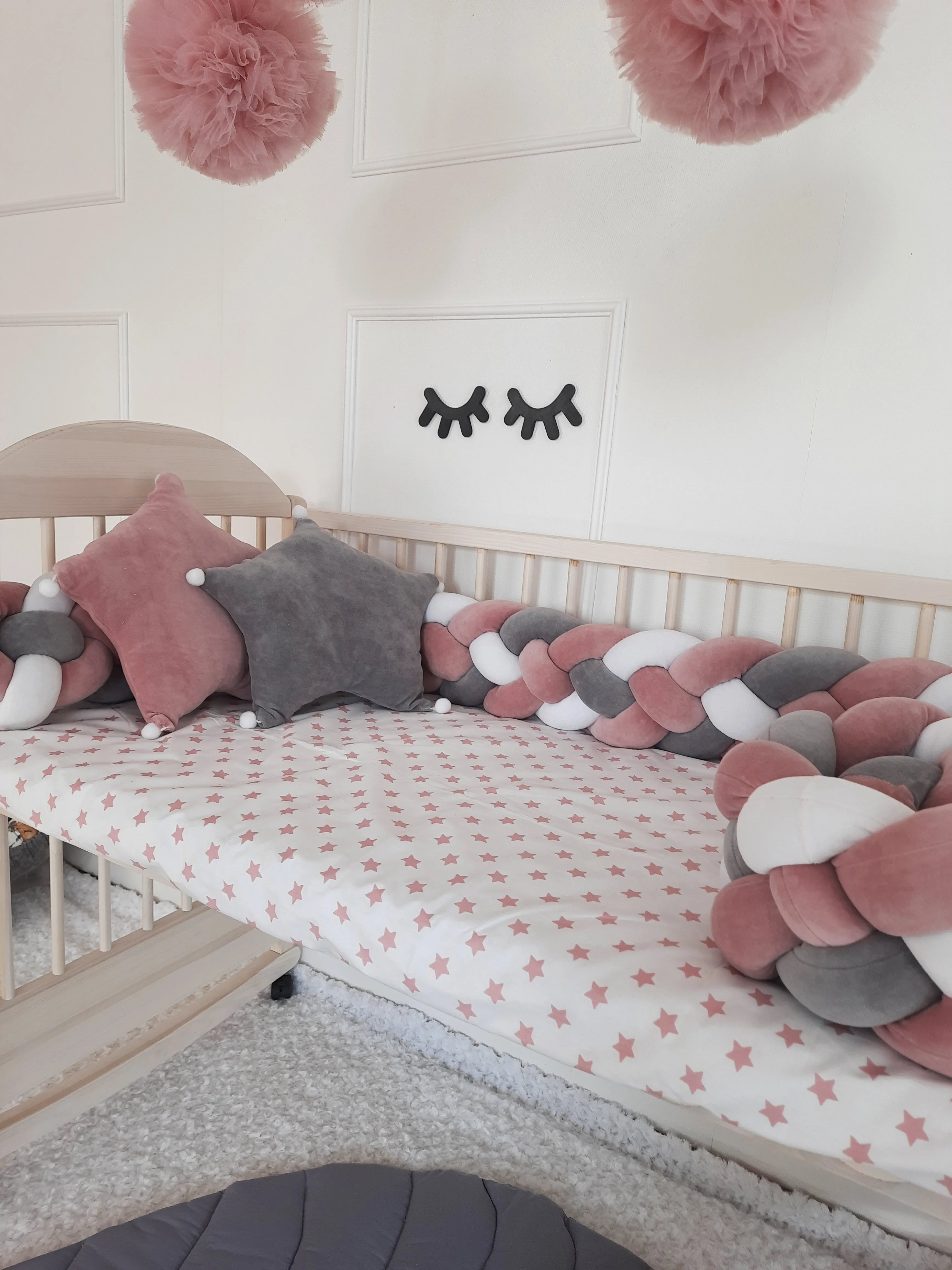 4 strand braided crib bumper rose gray white on natural wood crib, star pillow, girl nursery