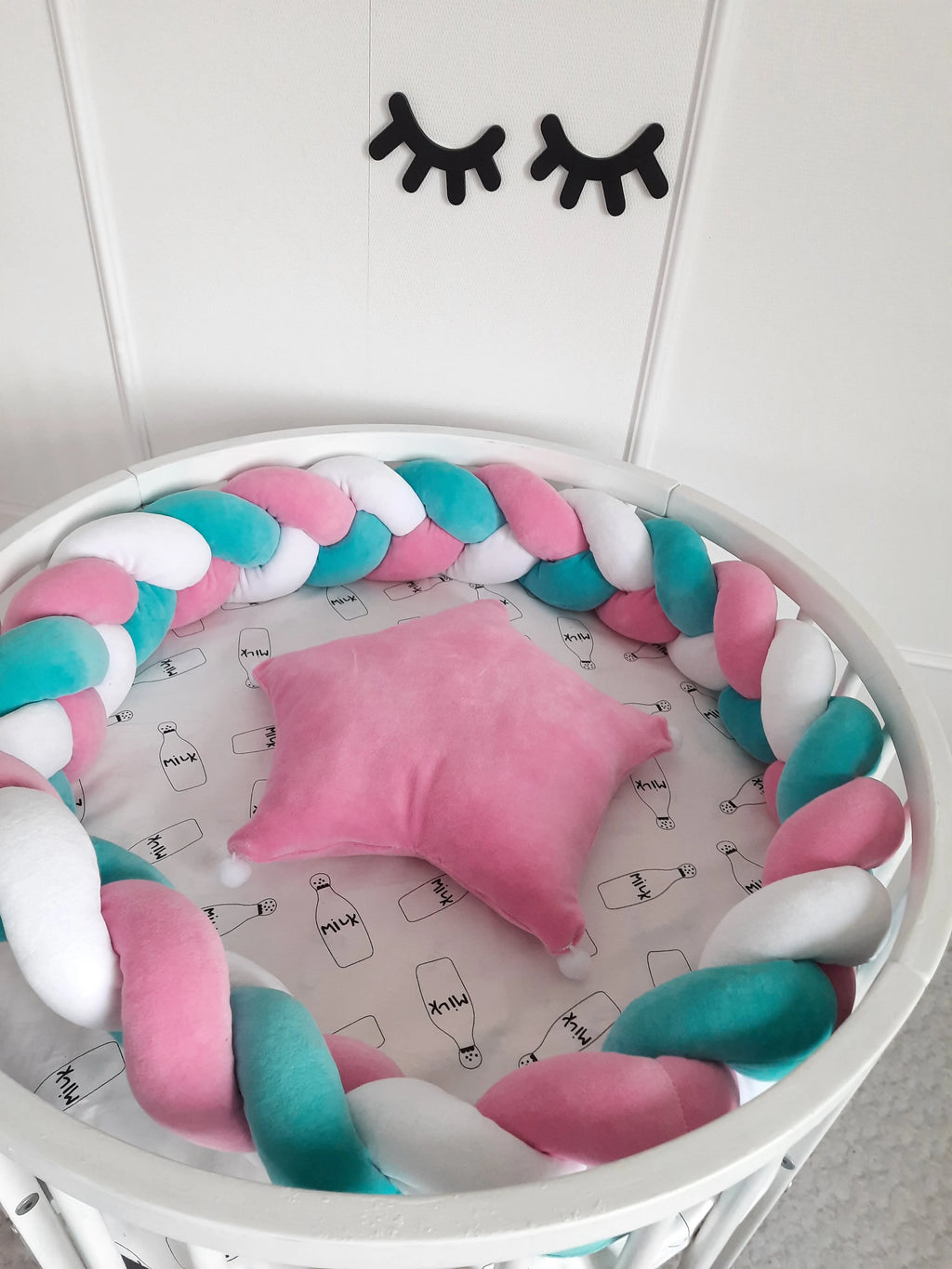 braided crib bumper aqua white pink in round crib, soft cotton hypoallergenic baby bumper