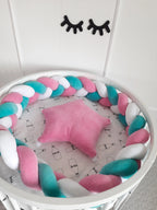 braided crib bumper aqua white pink in round crib, soft cotton hypoallergenic baby bumper