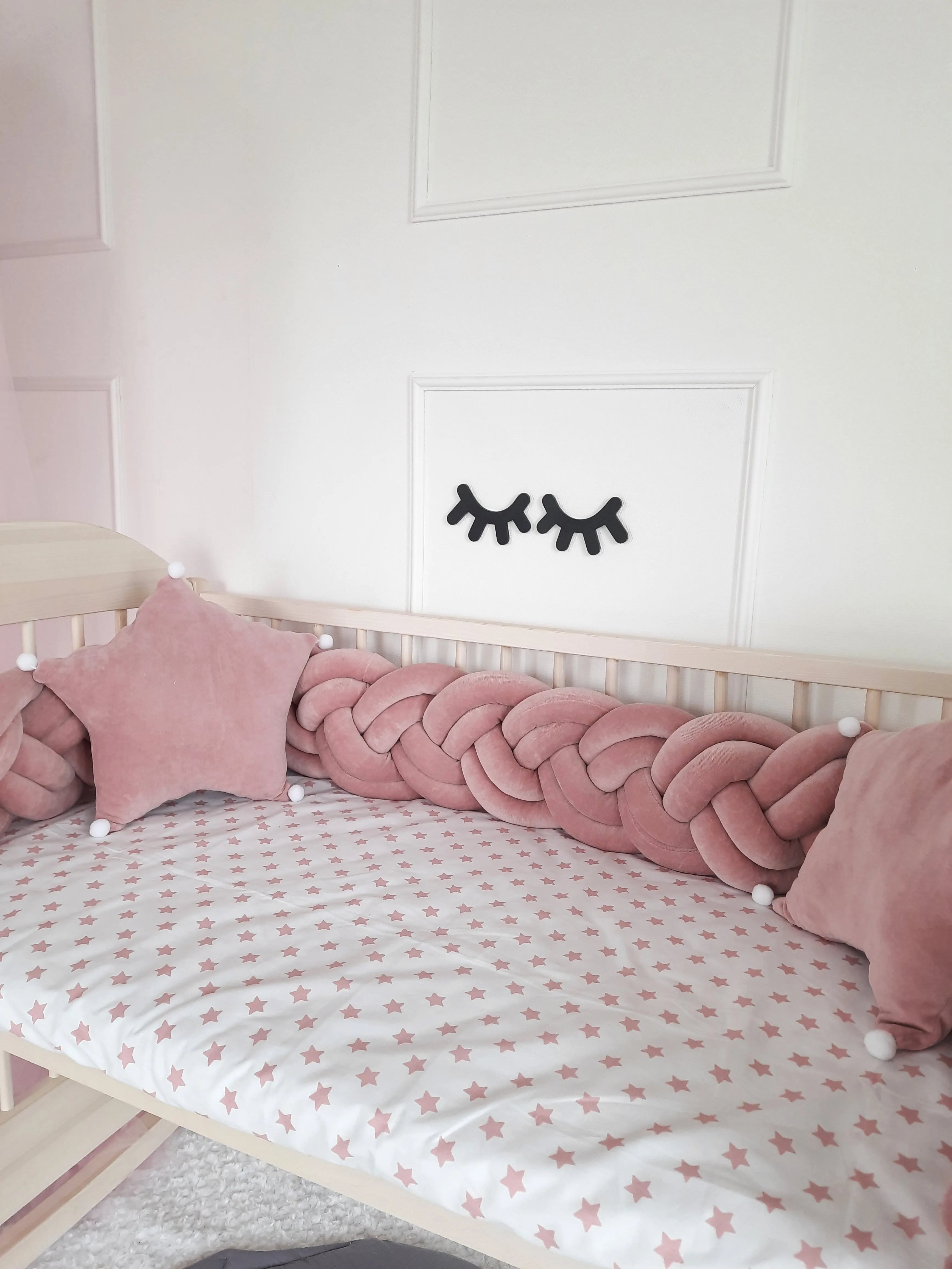 solid rose double braided crib bumper in natural wood standard crib, star pillow, girl nursery decor