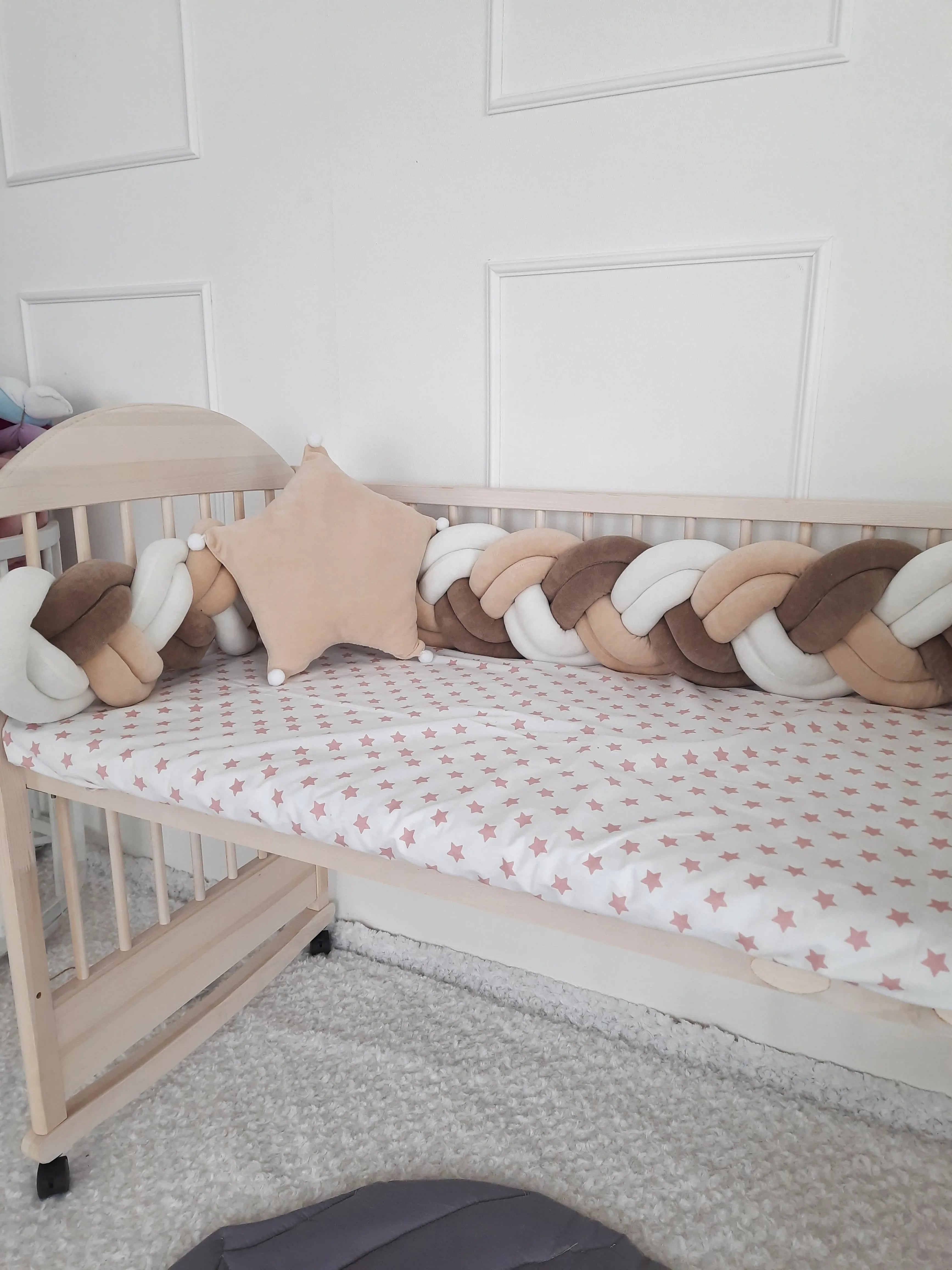 double braided crib bumper cream white milk combo in natural wood standard crib, star pillow, neutral nursery