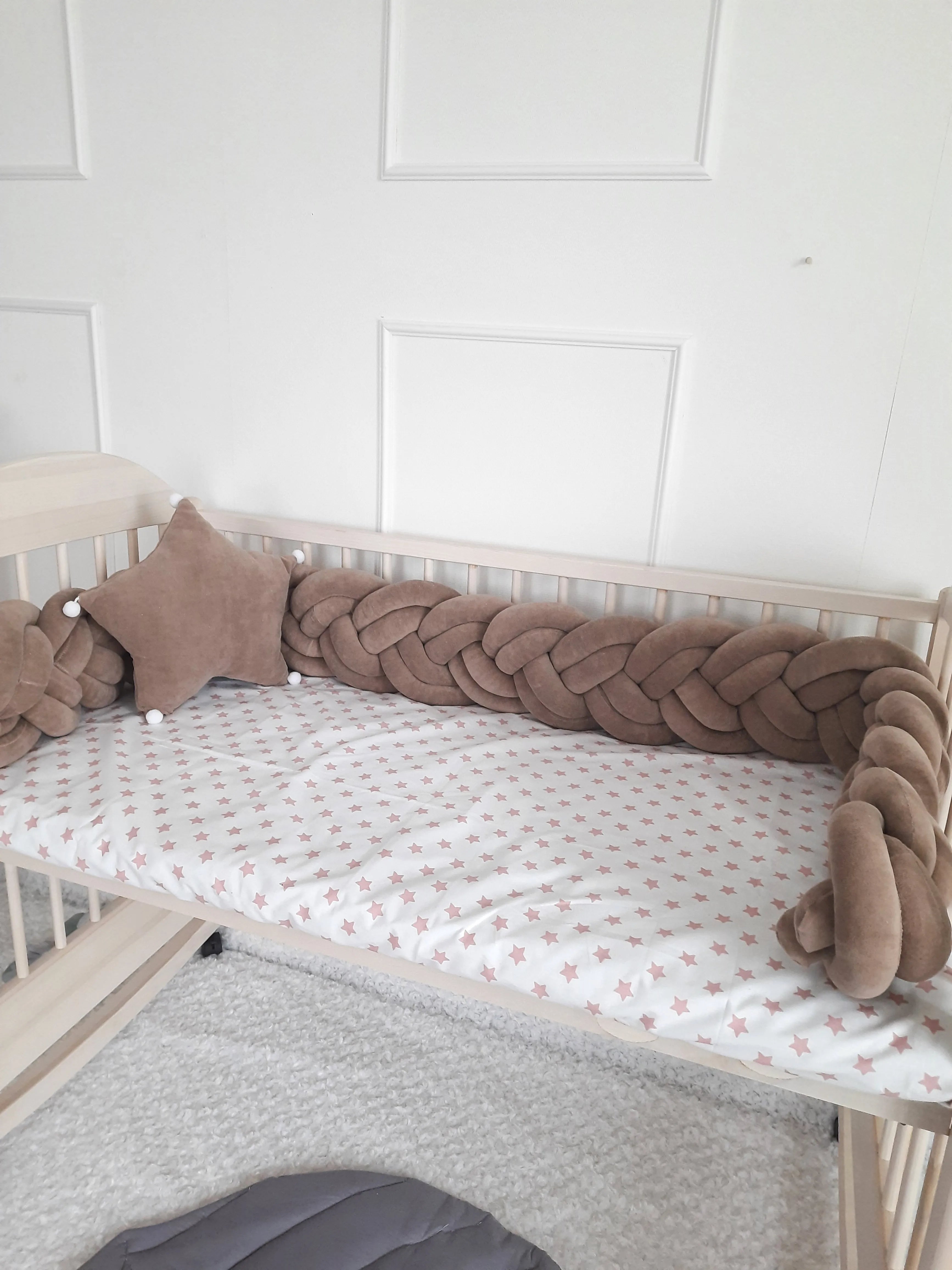 solid brown mocha double braided crib bumper in natural wood standard crib, star pillow, neutral nursery