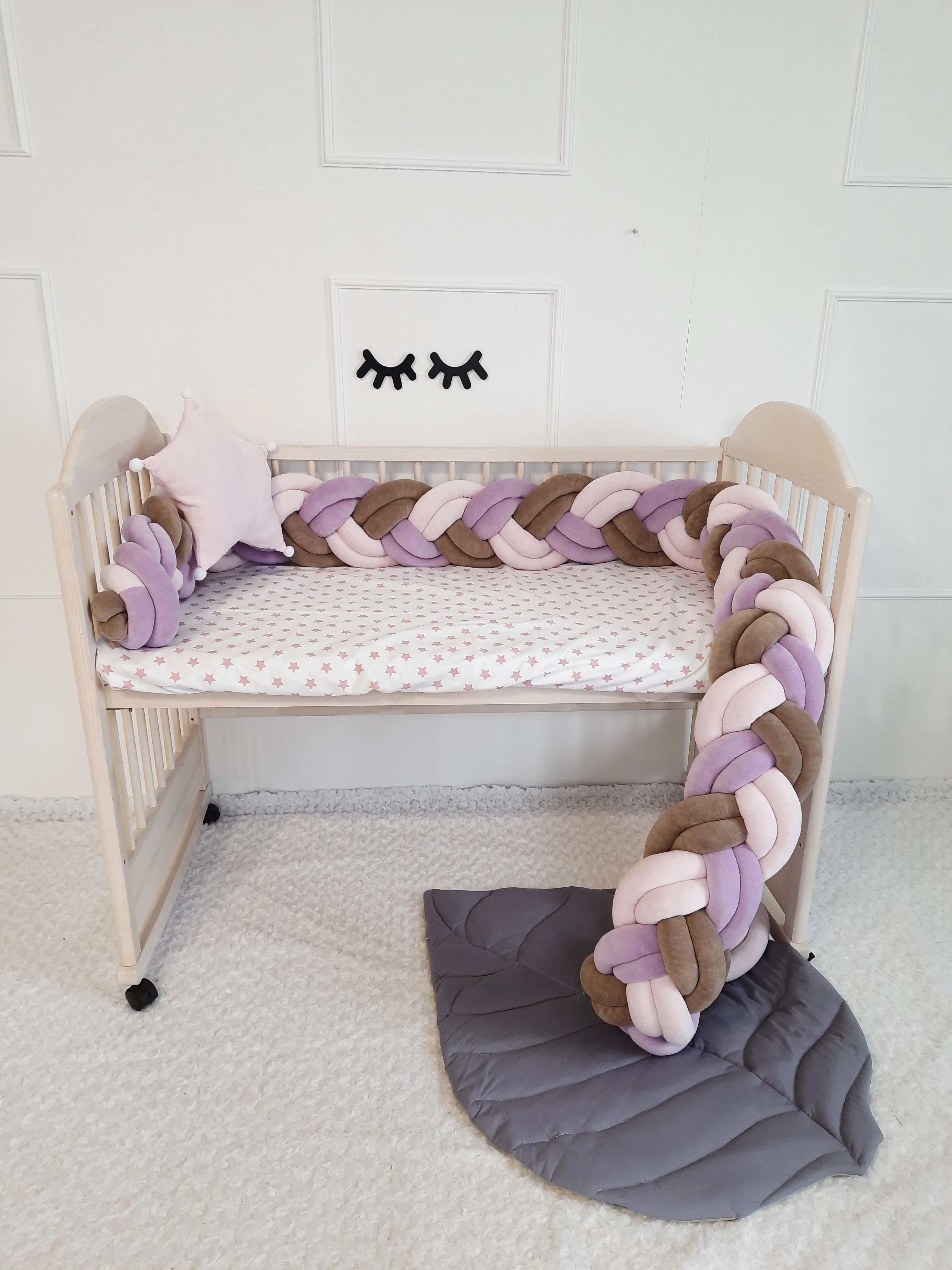 double braided crib bumper pink purple brown combo in natural wood standard crib, star pillow, girl nursery