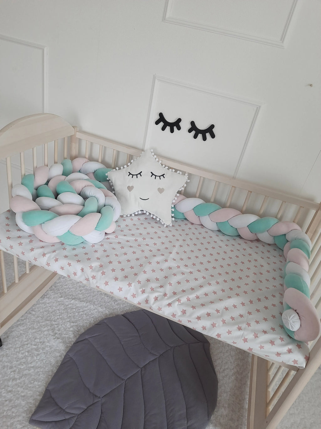 Mint pink white 3-strand braided crib bumper in wooden crib with star pillow, handmade cotton nursery bumper