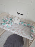 Mint pink white 3-strand braided crib bumper in wooden crib with star pillow, handmade cotton nursery bumper