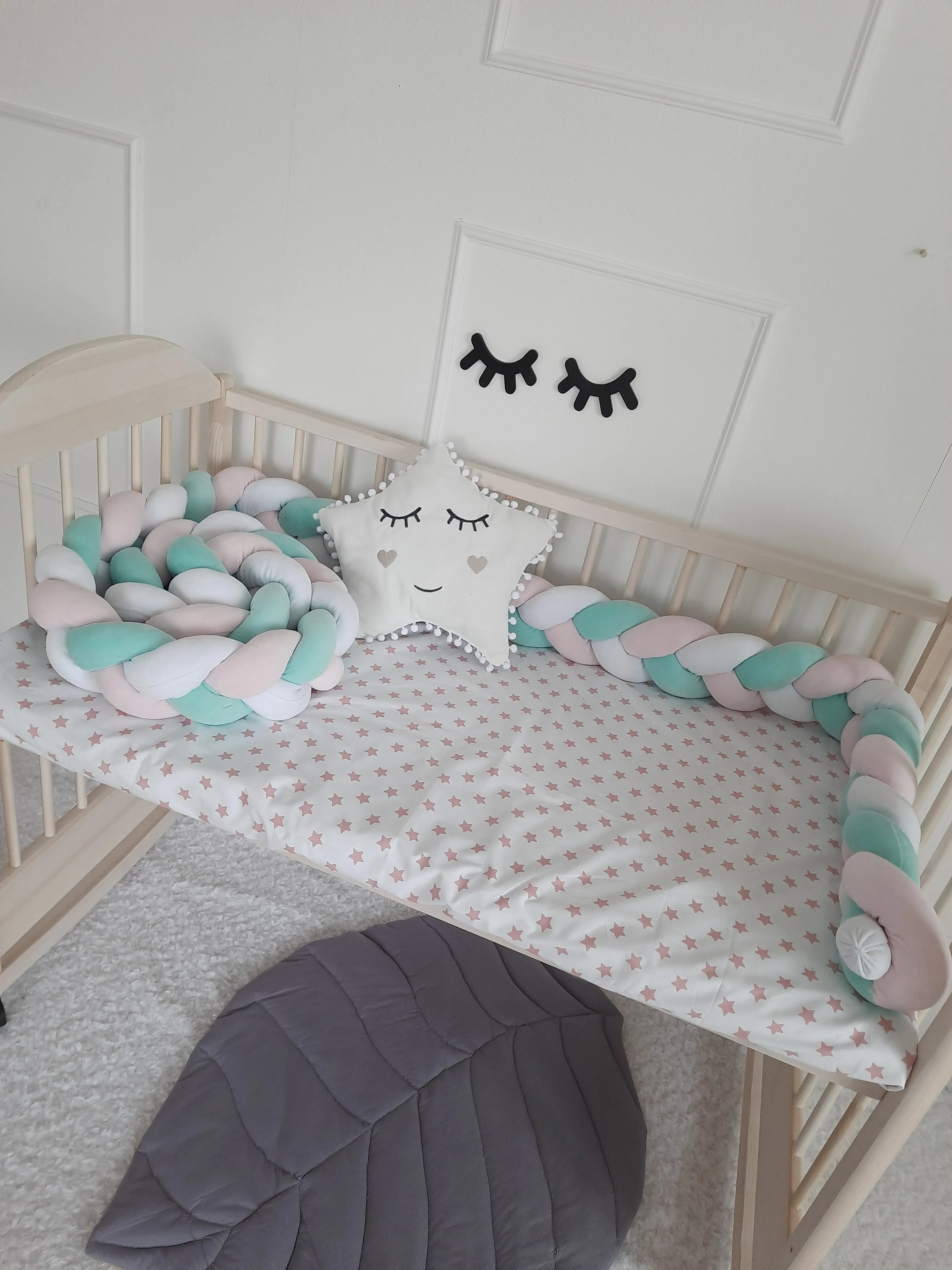 Mint pink white 3-strand braided crib bumper in wooden crib with star pillow, handmade cotton nursery bumper