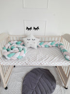 3 strand braided crib bumper mint pink white in standard natural wood crib, scandi nursery decor