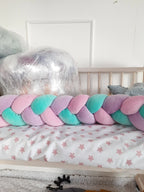 3 strand braided crib bumper pink purple mint on standard crib rail, cotton velour