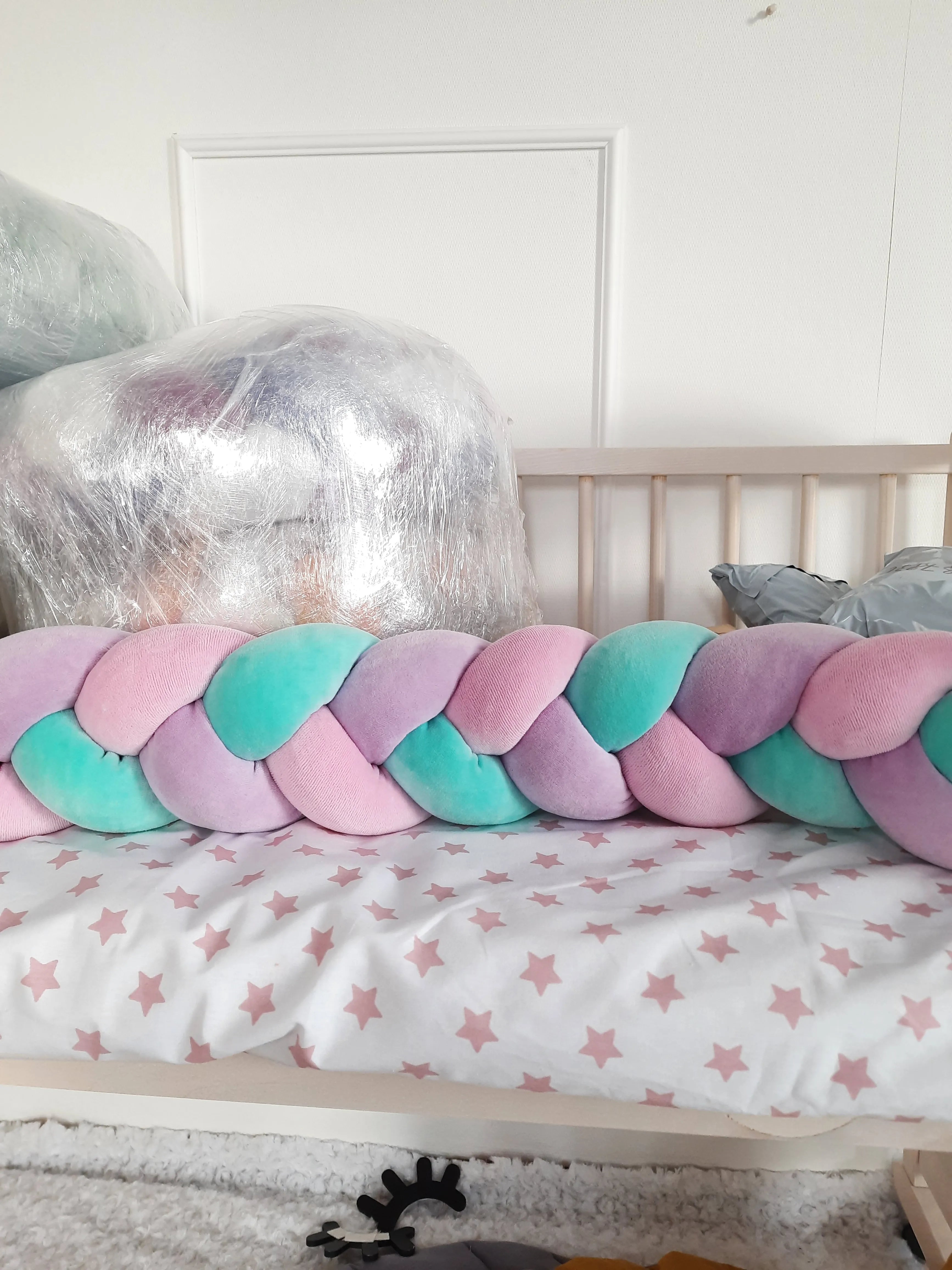 3 strand braided crib bumper pink purple mint on standard crib rail, cotton velour
