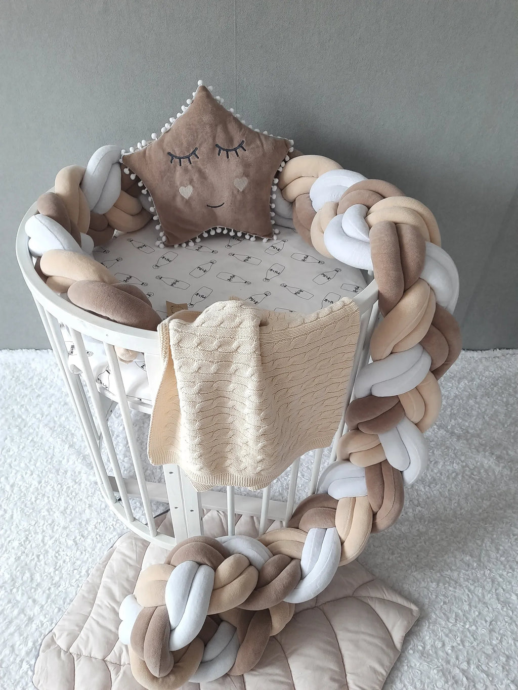 white beige brown mix double braided crib bumper round crib multicolor