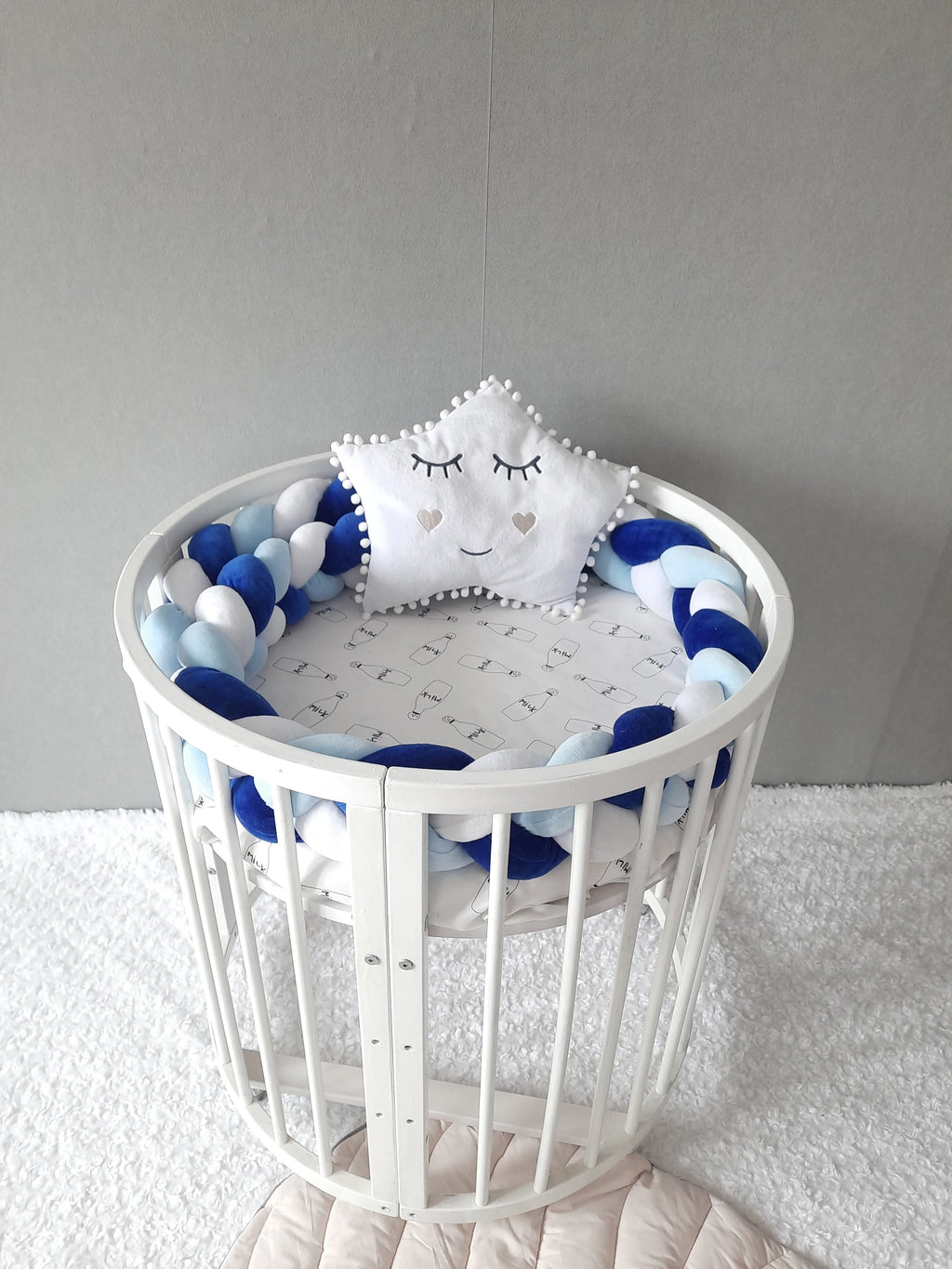 braided crib bumper blue light blue white in round crib, boy nursery, hypoallergenic fill