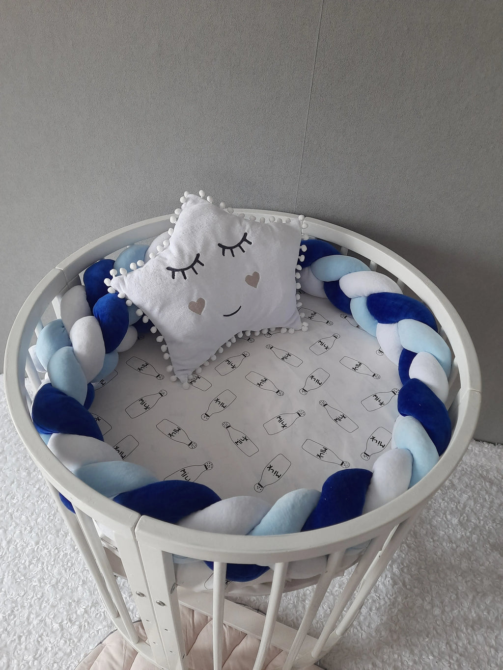 White light blue blue 3-strand braided crib bumper in round white crib, handmade cotton baby boy nursery decor