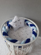 White light blue blue 3-strand braided crib bumper in round white crib, handmade cotton baby boy nursery decor