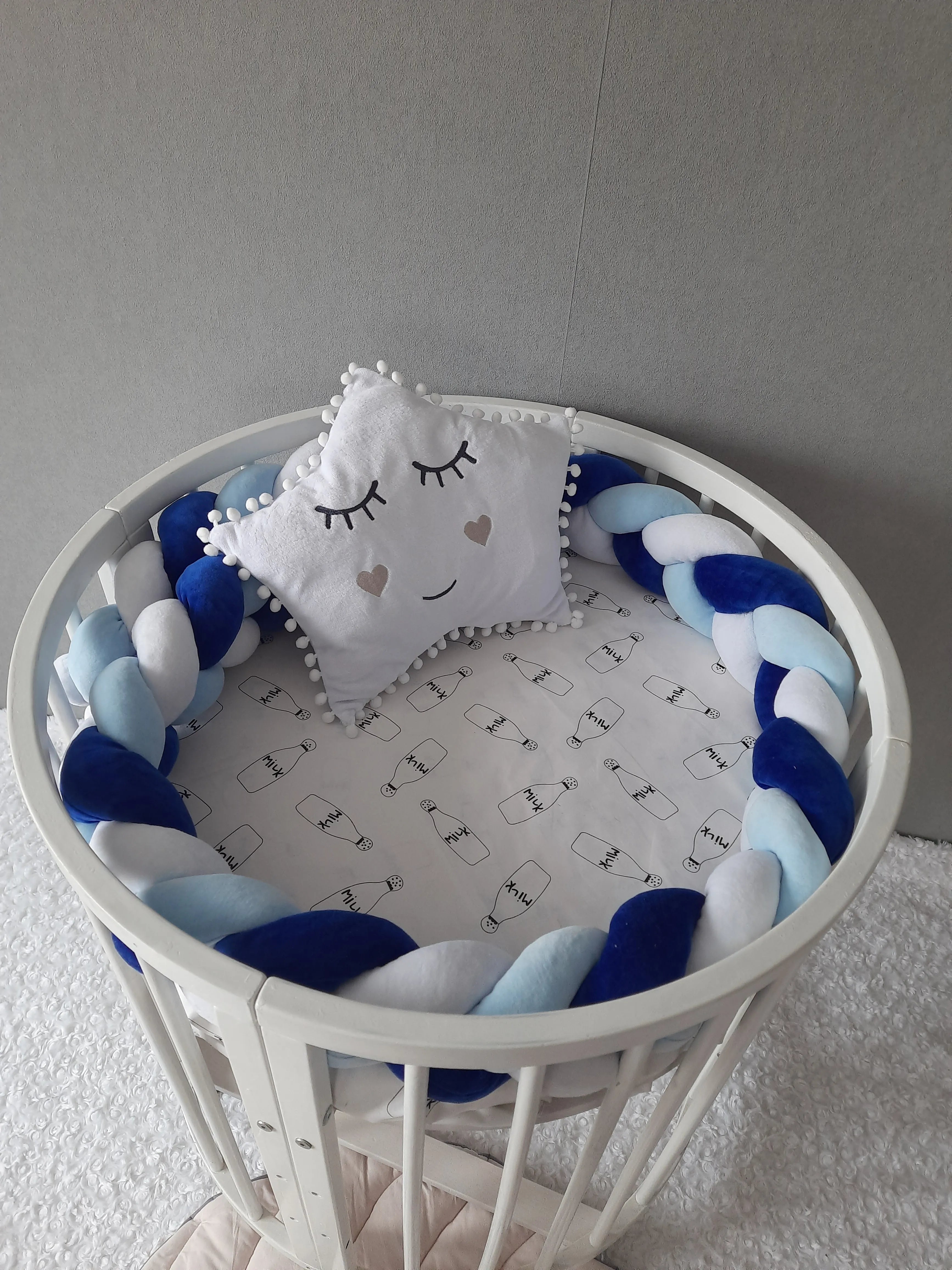 White light blue blue 3-strand braided crib bumper in round white crib, handmade cotton baby boy nursery decor