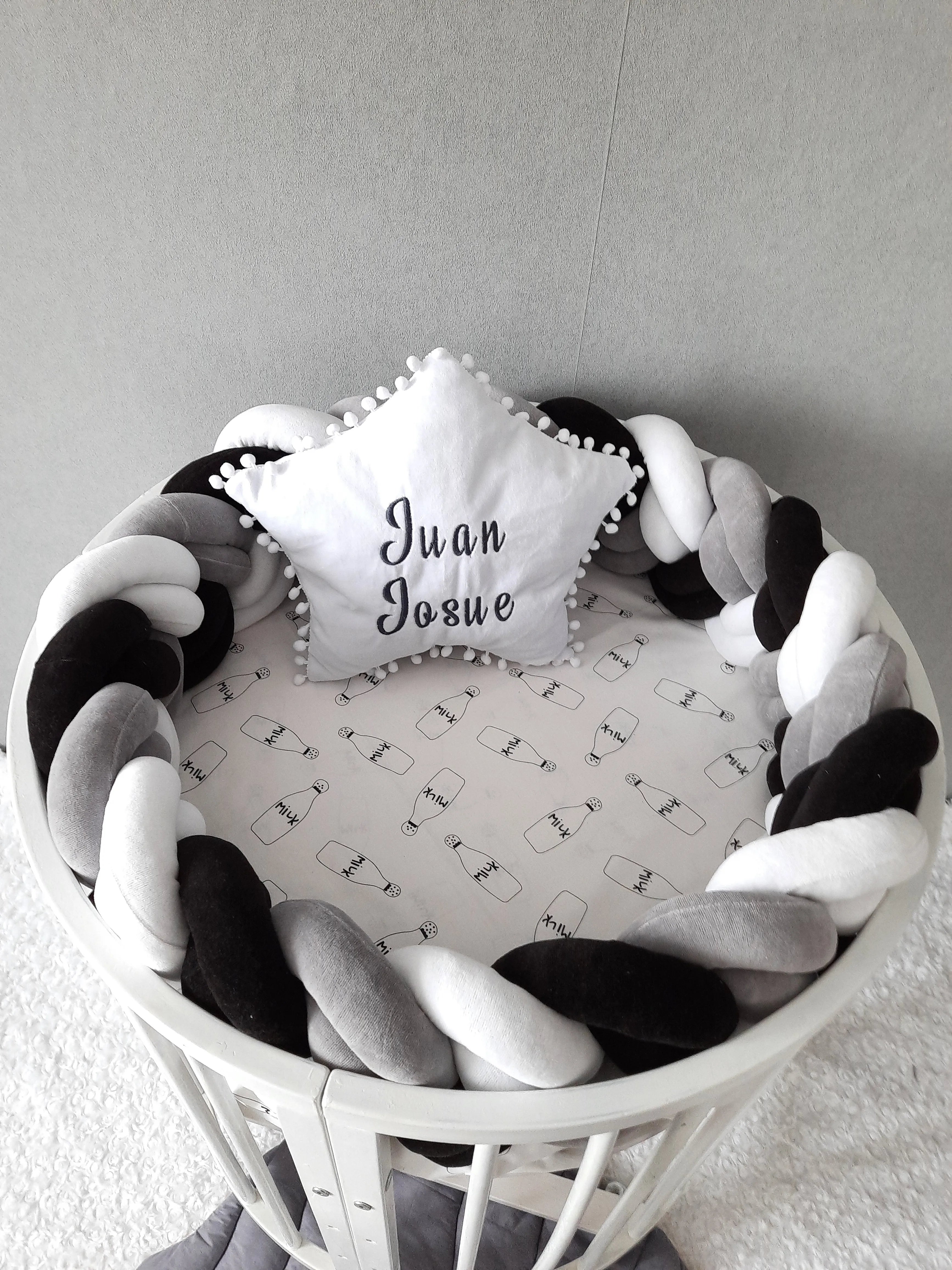 double braided crib bumper white black gray in white round crib top view, gender neutral modern nursery
