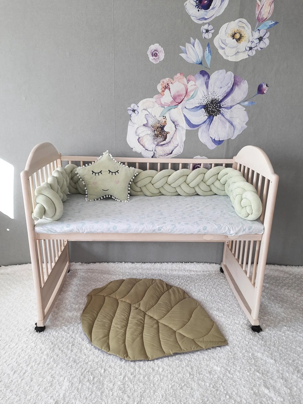 mint sage braided crib rail cover wooden crib neutral nursery OEKO-TEX certified
