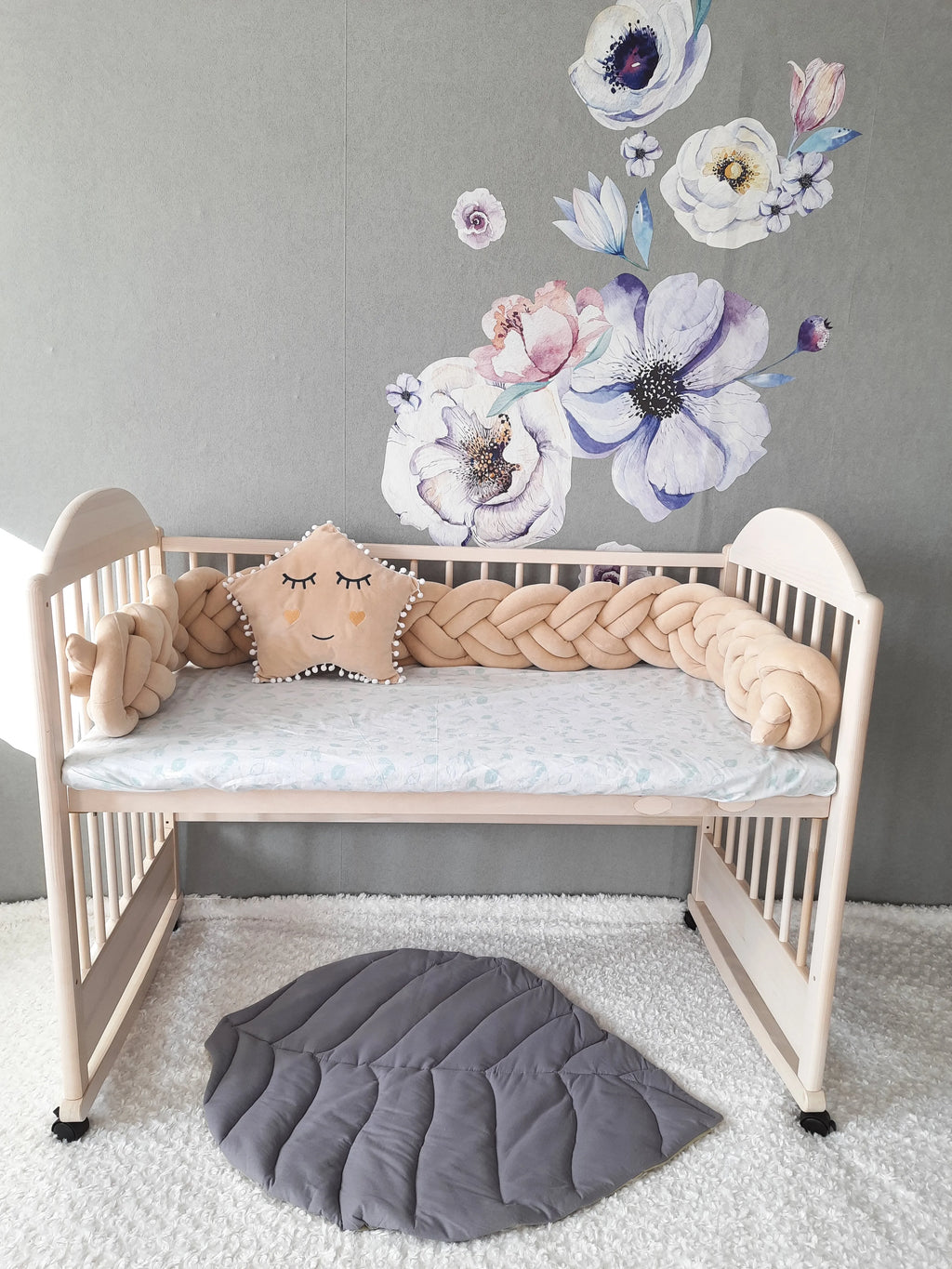 solid vanilla cream double braided crib bumper in natural wood standard crib, star pillow, floral nursery